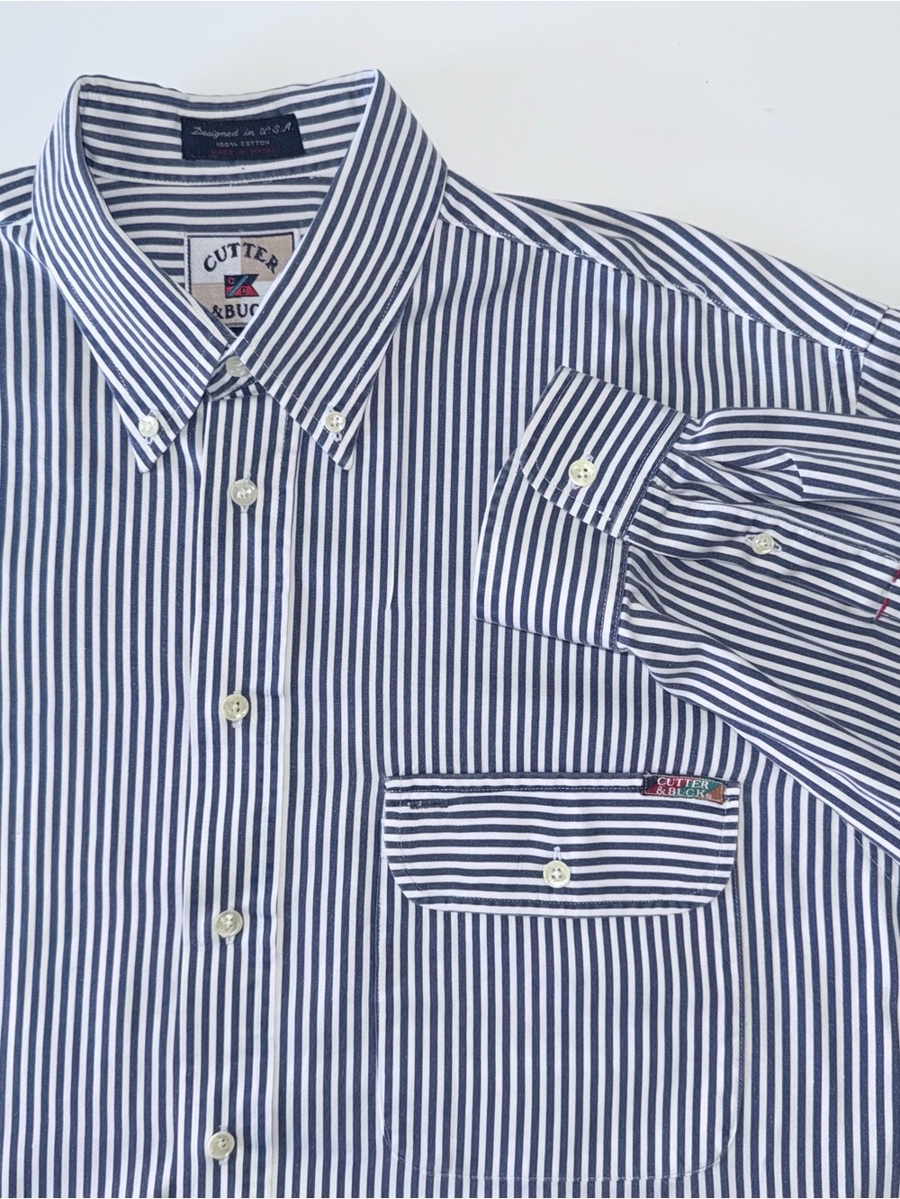 Cutter & Buck Blue White Striped Cotton Button Down Dress Shirt Men's M Classic